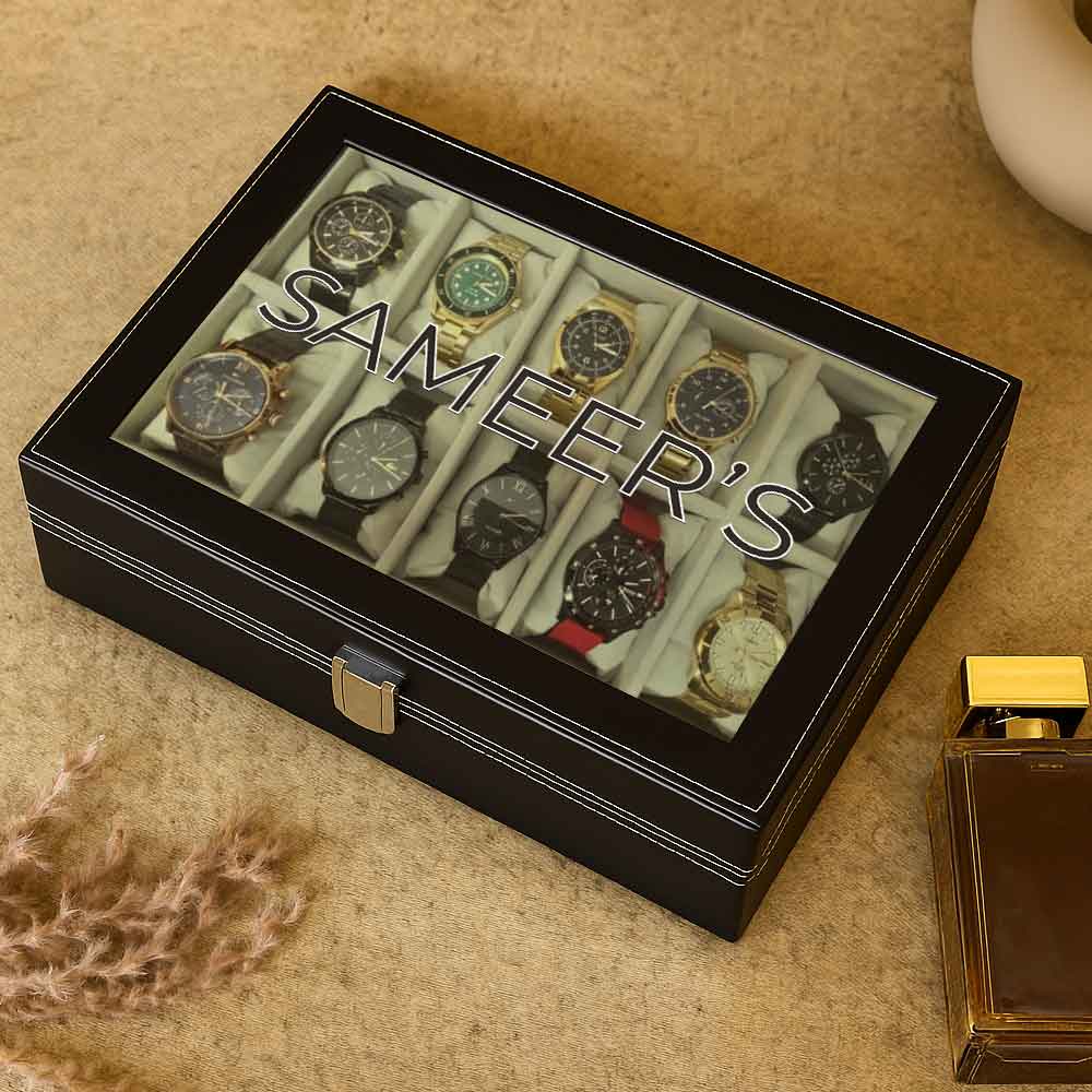 Personalized Watch Box Organizer – 10 Slot Faux Leather Wrist Watch Storage Case with Glass Lid