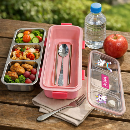Personalized Stainless Steel Tiffin Box for Kids - 3 Compartment Leak-Proof Lunch Box with Metal Spoon & Cutlery Slot - Cute Unicorn