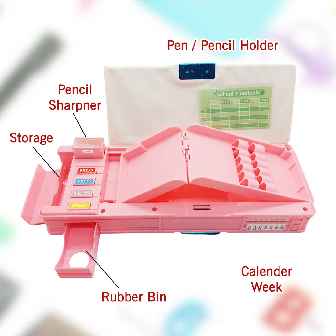 Customised Pencil Box Switch Operated Multi-functional Compass Box for Kids with Press buttons