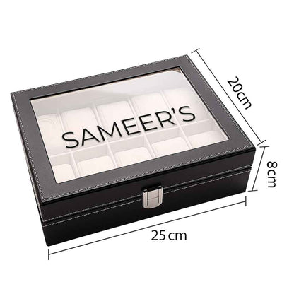 Personalized Watch Box Organizer – 10 Slot Faux Leather Wrist Watch Storage Case with Glass Lid