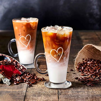 Custom Coffee Cups - Glass Mugs with Handles for Latte, Cappuccino, Iced Coffee, Hot Chocolate - Set of 2, Personalized Couples Coffee Glasses
