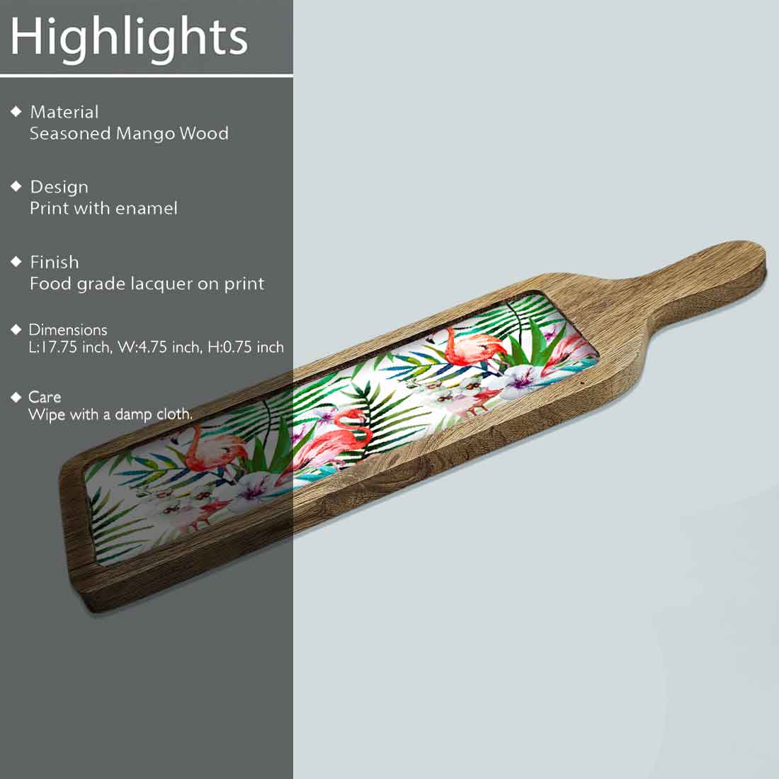 Snack Serving Platters for Croquettes, Kebabs | Mango Wooden tray with handle - Tropical Paradise