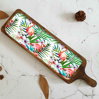 Snack Serving Platters for Croquettes, Kebabs | Mango Wooden tray with handle - Tropical Paradise