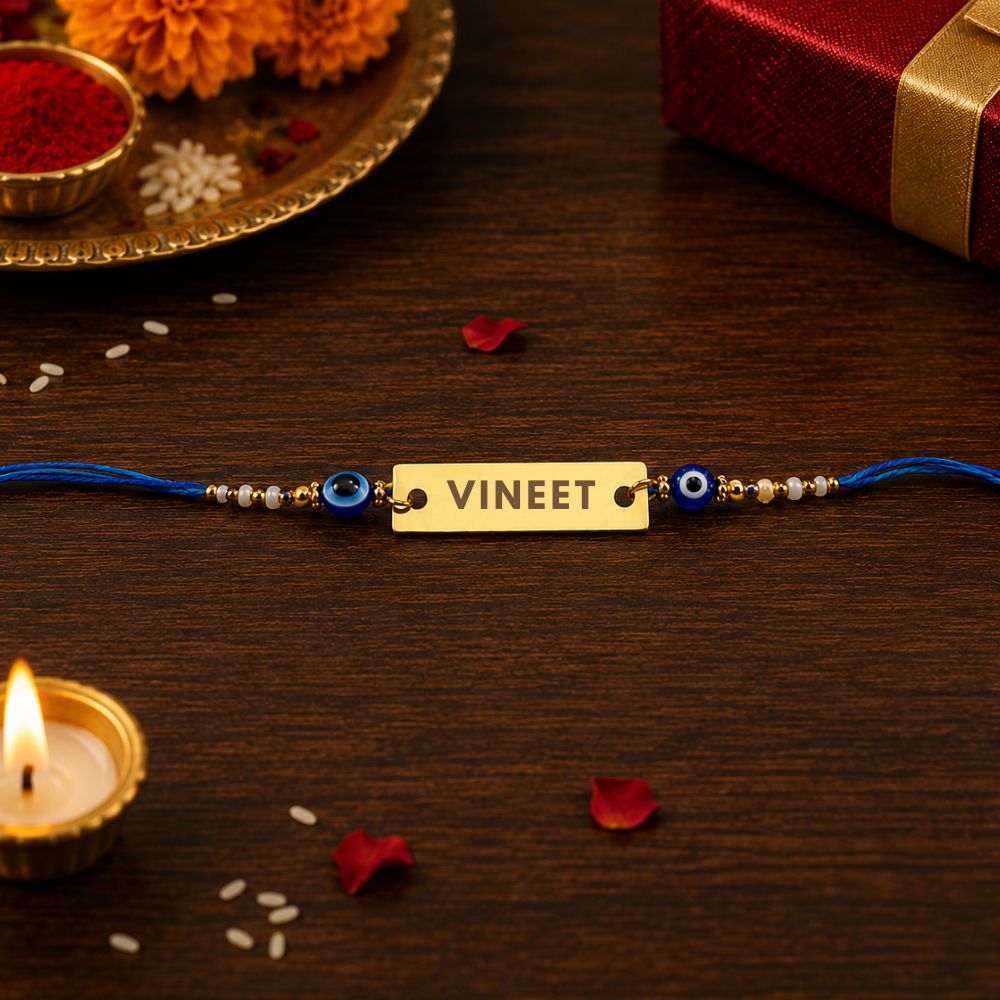Evil Eye Rakhi - Personalised name Gold Plated Blue Thread Fancy Rakhi