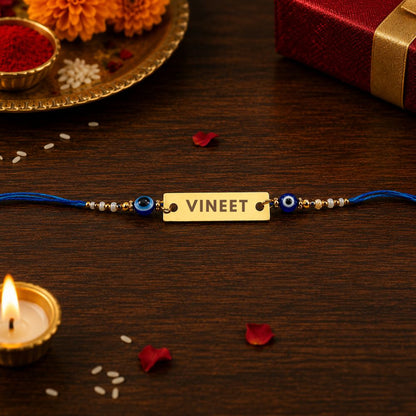 Evil Eye Rakhi - Personalised name Gold Plated Blue Thread Fancy Rakhi