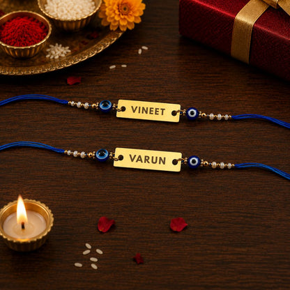 Evil Eye Rakhi - Personalised name Gold Plated Blue Thread Fancy Rakhi