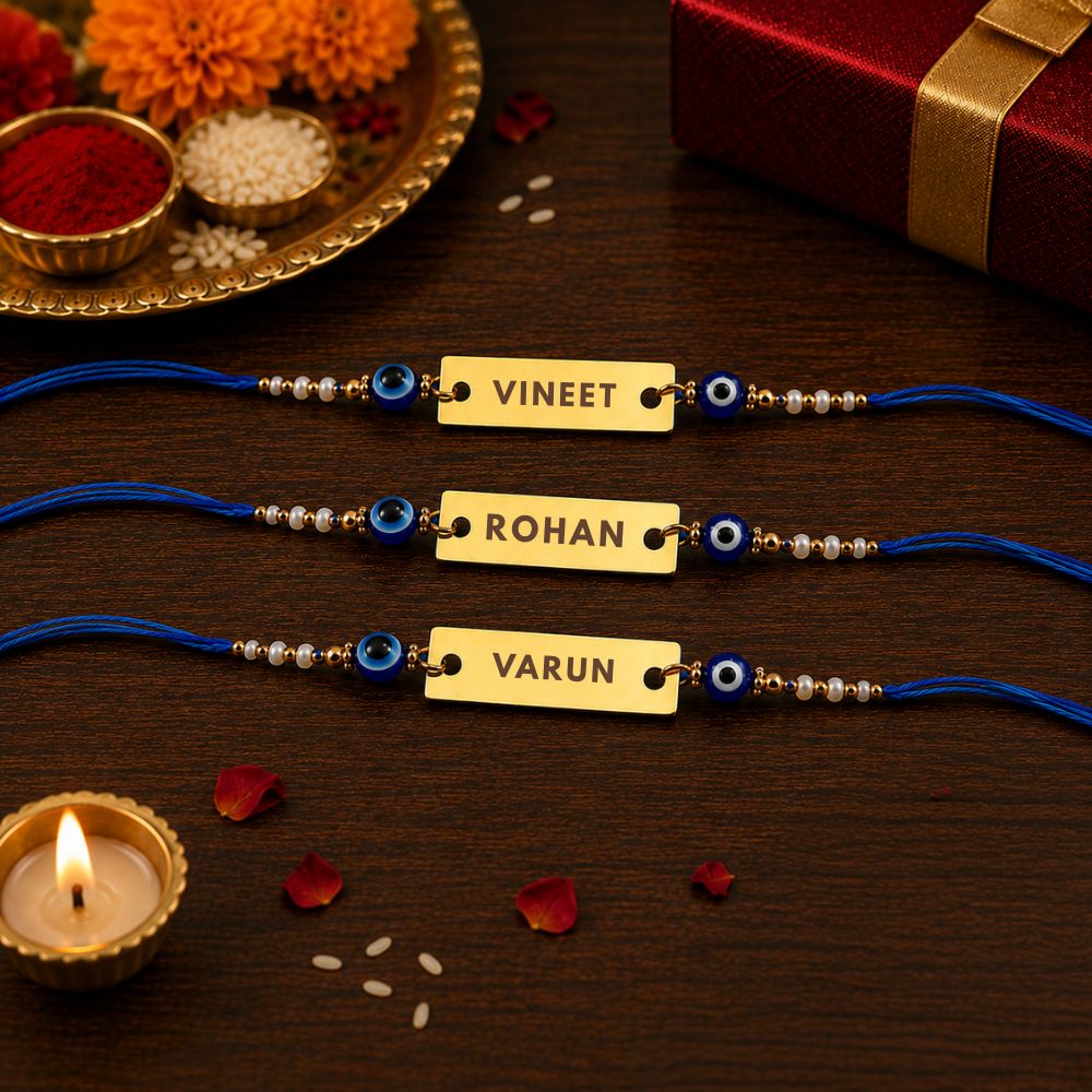 Evil Eye Rakhi - Personalised name Gold Plated Blue Thread Fancy Rakhi