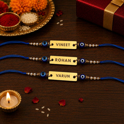 Evil Eye Rakhi - Personalised name Gold Plated Blue Thread Fancy Rakhi