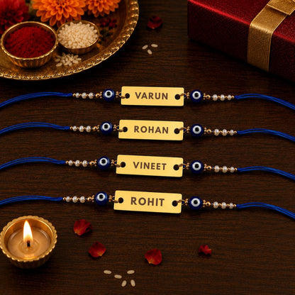 Evil Eye Rakhi - Personalised name Gold Plated Blue Thread Fancy Rakhi