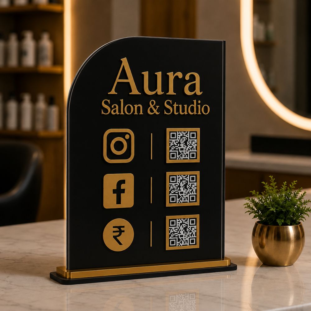 Custom Acrylic Business Desk Display Stand | Countertop UPI Gpay Social Media QR Code Sign