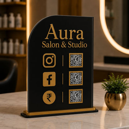 Custom Acrylic Business Desk Display Stand | Countertop UPI Gpay Social Media QR Code Sign