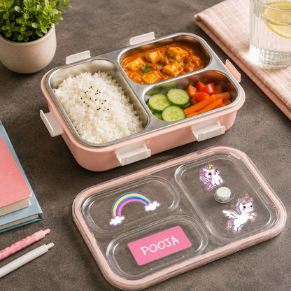 Personalized Kids Stainless Steel Lunch Box | Custom Name 3 Compartment Leakproof Tiffin Box
