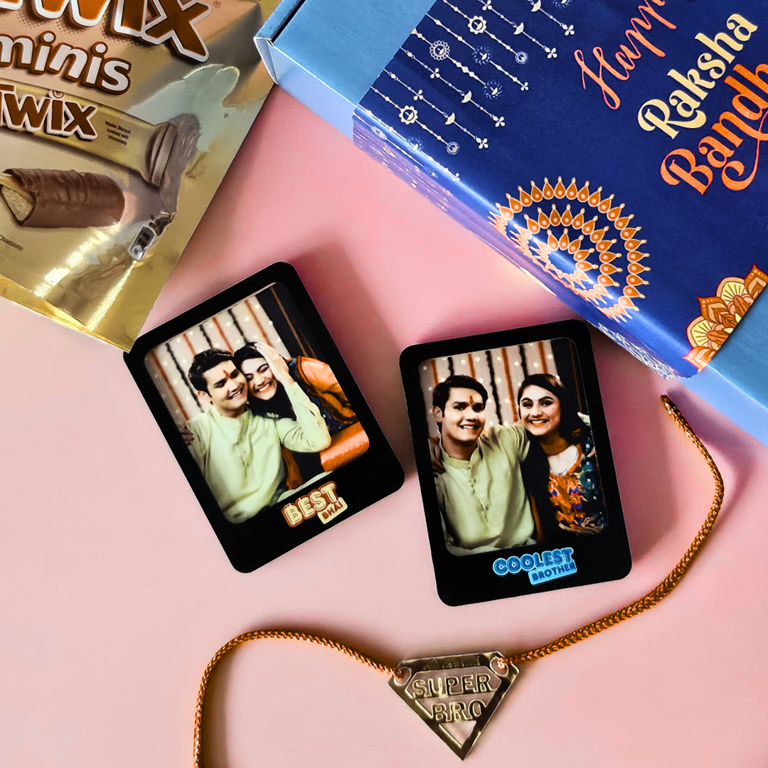 Personalized Rakshabandhan Gift for Brother – Fridge Magnet Set, Super Bro Acrylic Rakhi & Twix Chocolate Combo