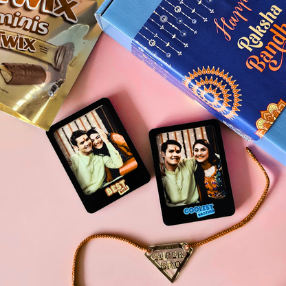 Personalized Rakshabandhan Gift for Brother – Fridge Magnet Set, Super Bro Acrylic Rakhi & Twix Chocolate Combo