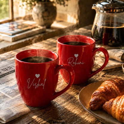 Personalized Red Mugs | Custom Ceramic Coffee Cups Set of 2 | 350 ML Tea Cups