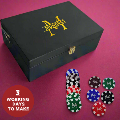 Custom Poker Chips Set in 5 colors Black, Brown, Blue, Green and Red in the set of 100/200/300