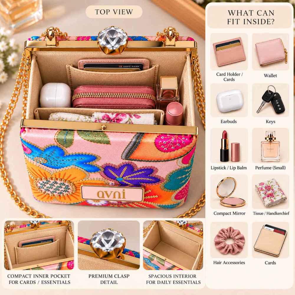 Custom Clutches Floral Ethnic Clutch Bag Box - Name Purse with Crystal Studded Push Lock, Golden Frame & Detachable Sling Chain