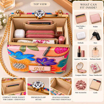 Custom Clutches Floral Ethnic Clutch Bag Box - Name Purse with Crystal Studded Push Lock, Golden Frame & Detachable Sling Chain