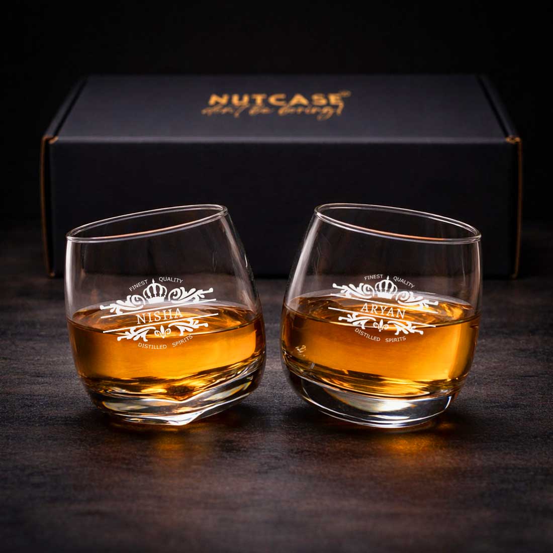 Premium Whiskey Glasses with Name Set of 2 Engraved Spinning Scotch Glass with Gift Box