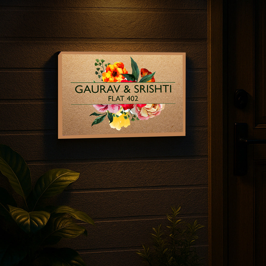 Custom Light Name Plate for Home – Elegant Entrance Name Board - Blooming Flowers