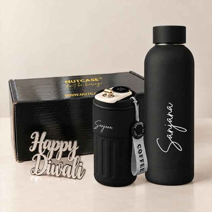 Personalized Coffee tumbler and Water Bottle Diwali Gift Set Box - Insulated Black Coffee Tumbler (500 ml), Thermos Black Water Bottle (500 ml) & Golden Happy Diwali Cutout in a Festive Gift Box