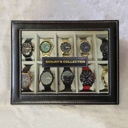 Customized Wrist Watch Case with 10 Slot Faux Leather Watch Organizer Box with Glass Lid