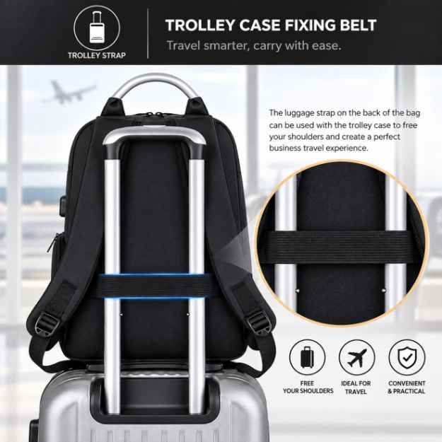 Travel backpack with lock and built-in trolley strap for suitcase attachment, Cabin backpack with lock featuring multiple compartments for business travel, 