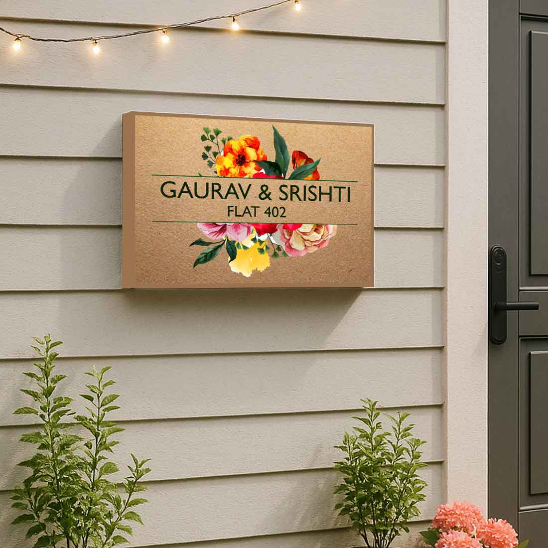 Custom Light Name Plate for Home – Elegant Entrance Name Board - Blooming Flowers