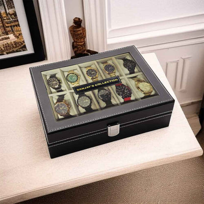 Customized Wrist Watch Case with 10 Slot Faux Leather Watch Organizer Box with Glass Lid
