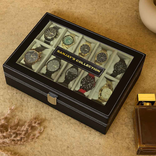 Customized Wrist Watch Case with 10 Slot Faux Leather Watch Organizer Box with Glass Lid