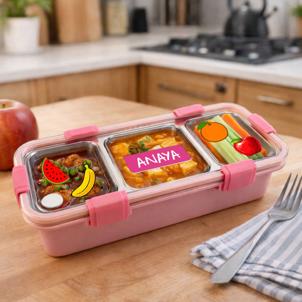 Personalized Insulated Tiffin Box Stainless Steel 3 Compartment Leak-Proof Lunch Box