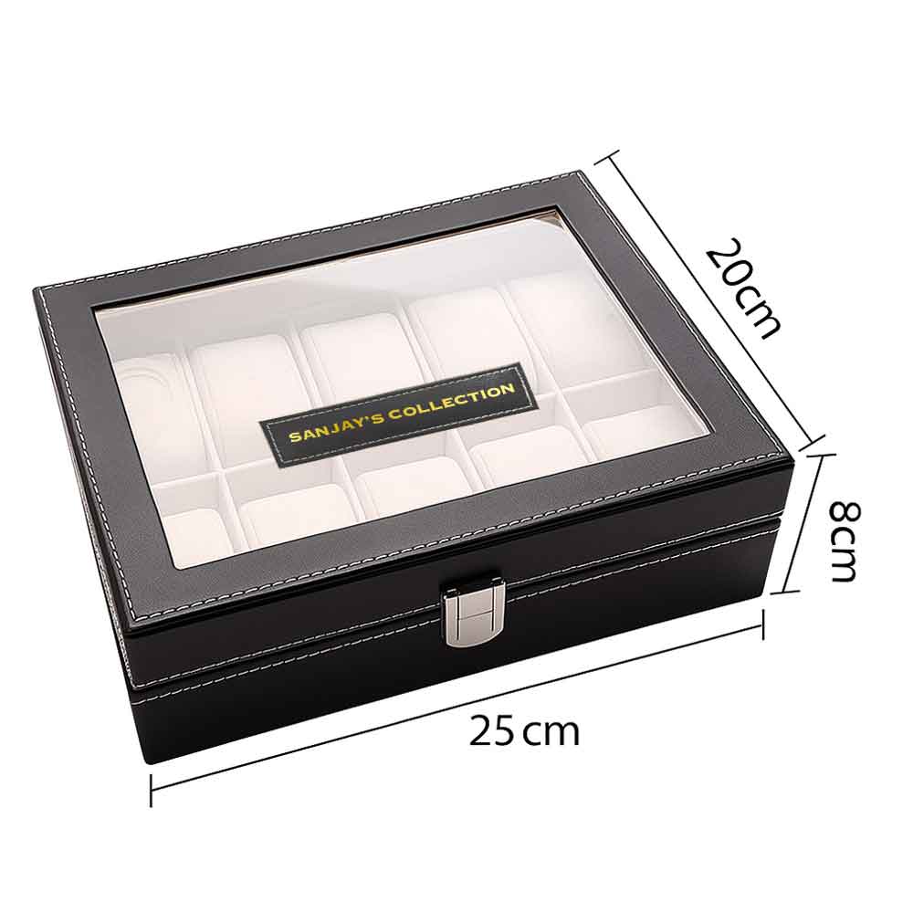 Customized Wrist Watch Case with 10 Slot Faux Leather Watch Organizer Box with Glass Lid