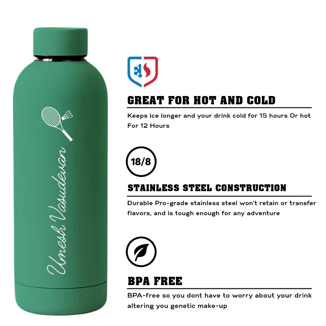 Double Insulated Name Bottle Stainless Steel Water Bottles for Travel Office Gym Home - BPA Free, Leakproof