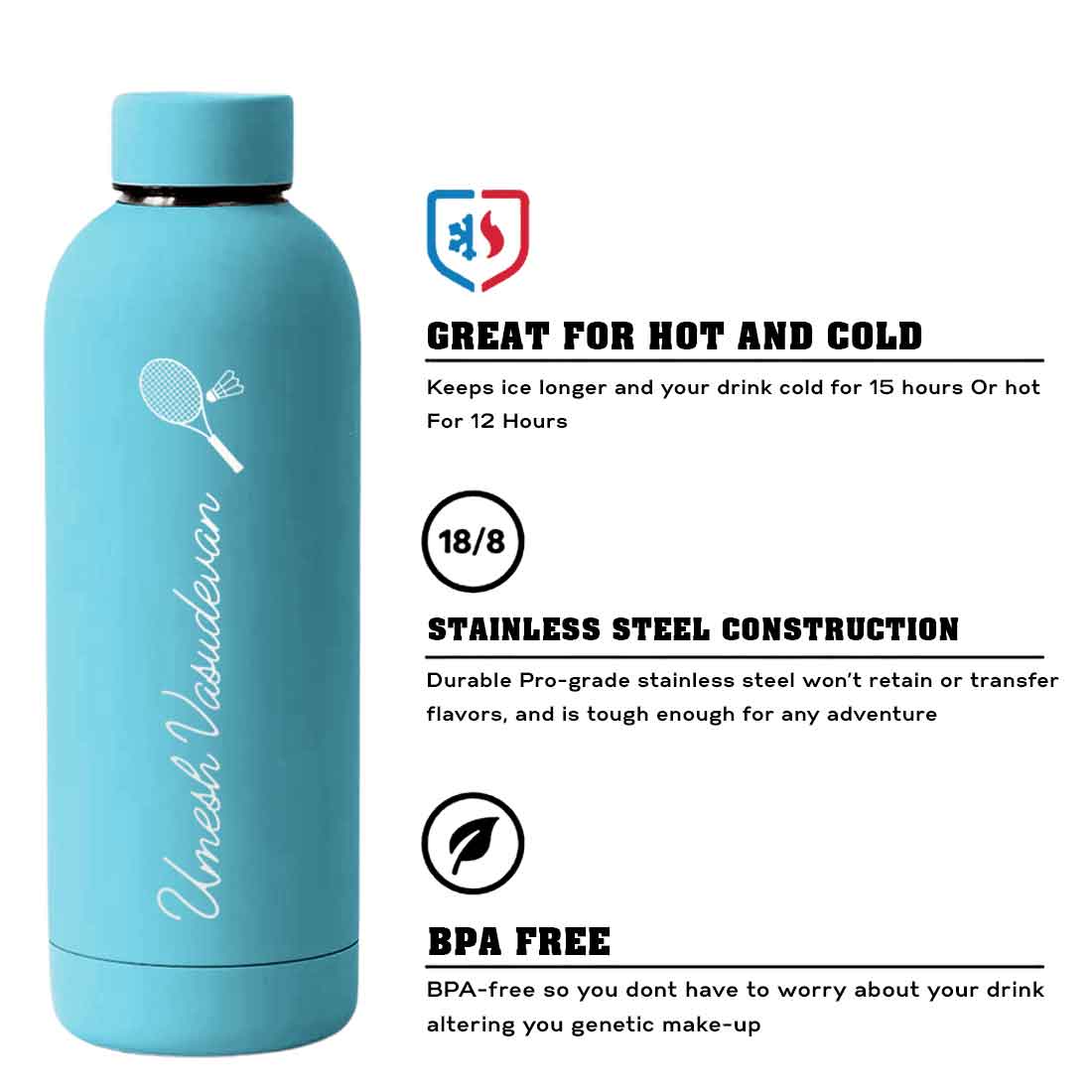 Double Insulated Name Bottle Stainless Steel Water Bottles for Travel Office Gym Home - BPA Free, Leakproof