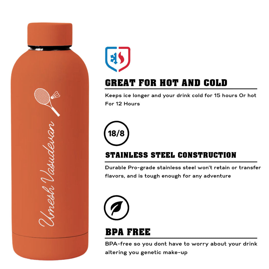 Double Insulated Name Bottle Stainless Steel Water Bottles for Travel Office Gym Home - BPA Free, Leakproof