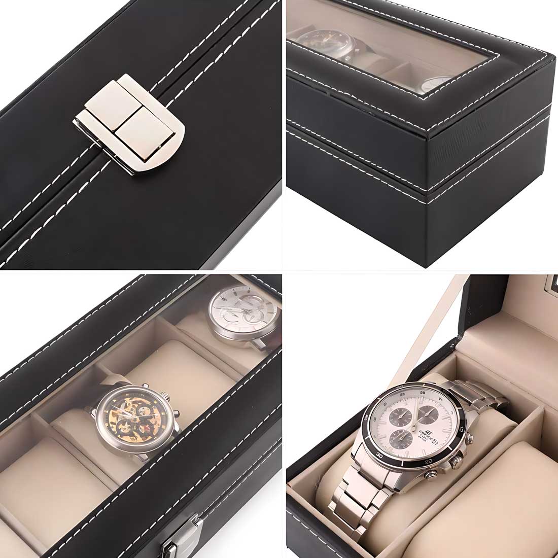 Wrist Watch Organiser with Name- Black PU Leather Watch Collection with 6 Slots