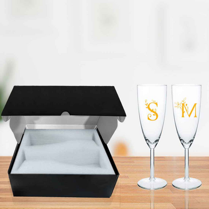 Personalized Champagne Glass Set of 2 Gift Box for Couples - Black Boxes Available