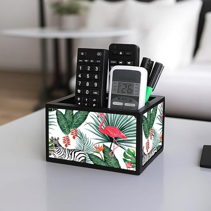 Designer Small TV Remote Holder For TV / AC Remotes -  Leaves With Flamingo