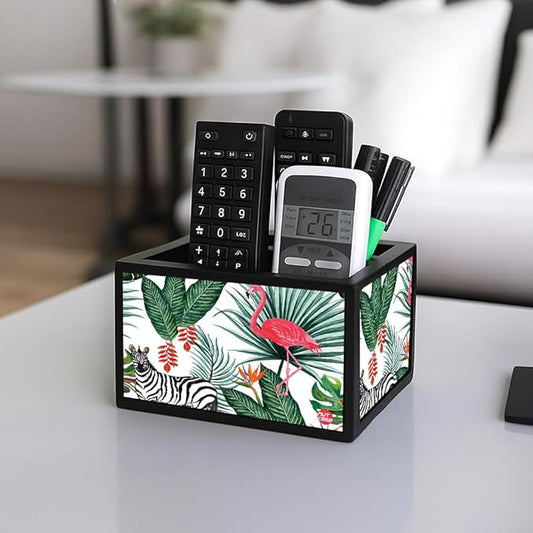 Designer Small TV Remote Holder For TV / AC Remotes -  Leaves With Flamingo
