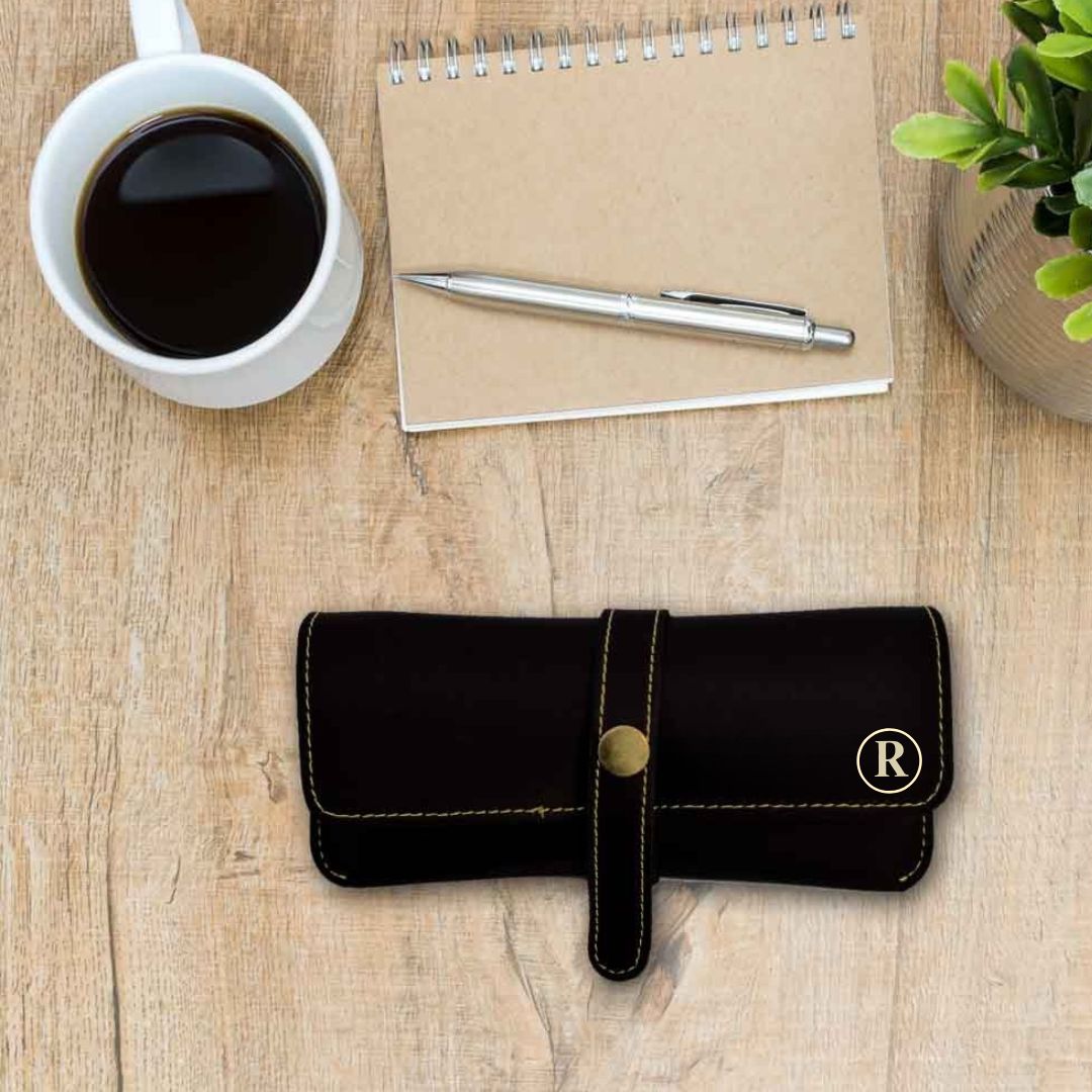 Personalized Raksha Bandhan Gift Set for Brother - Faux Leather Pouch, Wallet, Glass Holder & Rakhi - Available in Black & Brown