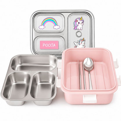 Personalized Kids Stainless Steel Lunch Box | Custom Name 3 Compartment Leakproof Tiffin Box