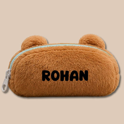 Personalised Pencil Pouch with 3D Ears & Custom Name | Birthday Gift for Kids | Plush Faux Fur