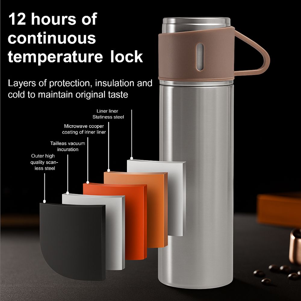 Custom Thermos With Cup Lid 3 Cups Gift Box Set for Travel Outdoor Camping - Add Name