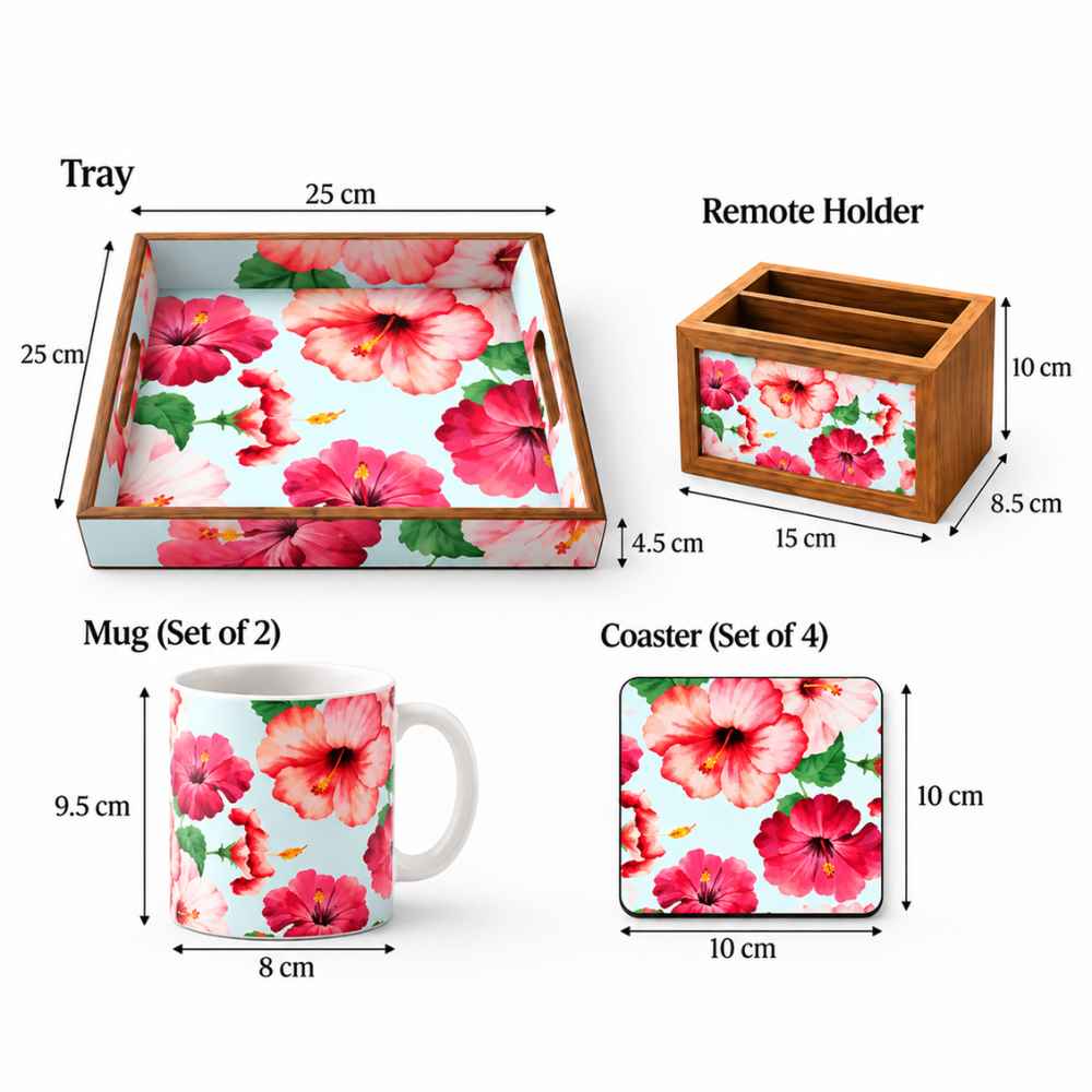 Diwali Gift Set for Home – Floral MDF Tray with Matching Mugs, 4 Metal Coasters & Teak Wood Remote Holder
