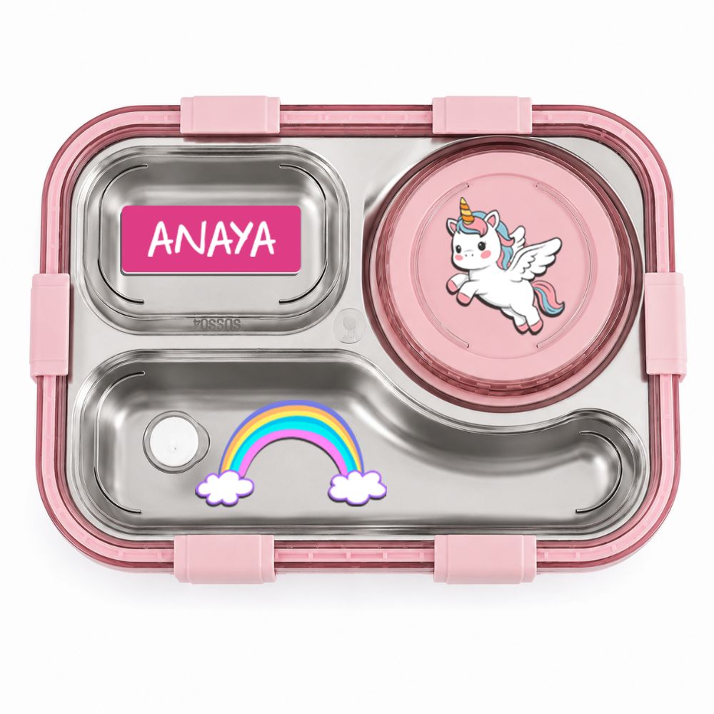 Personalized Kids Stainless Steel Lunch Box with Sealed Bowl | 3 Compartment Leakproof Tiffin Box with bowl