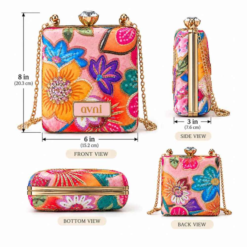 Custom Clutches Floral Ethnic Clutch Bag Box - Name Purse with Crystal Studded Push Lock, Golden Frame & Detachable Sling Chain