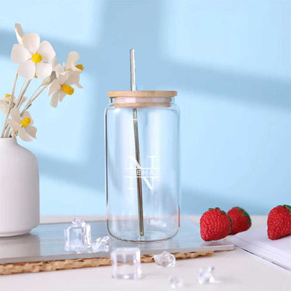 Customized Glass with Lid and Metal Straw