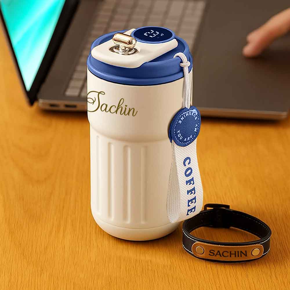 Personalized Rakhi Gift for Brother – Insulated Coffee Mug & Leather Bracelet