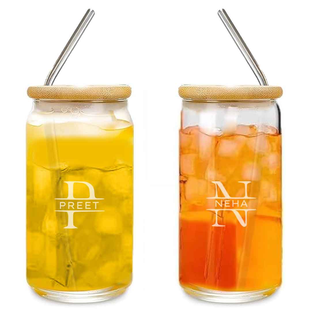 Customized Glass with Lid and Metal Straw