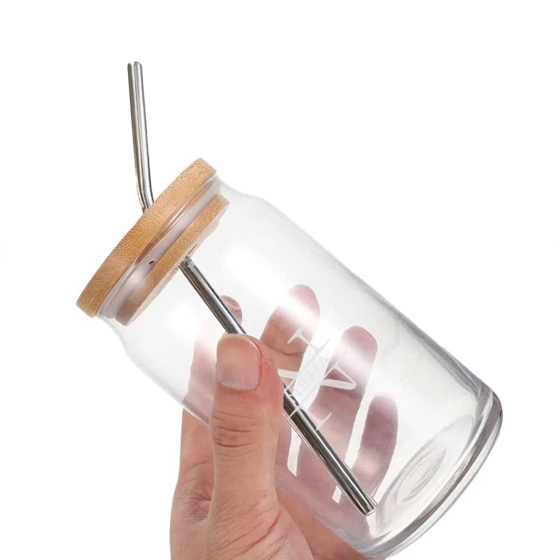 Customized Glass with Lid and Metal Straw